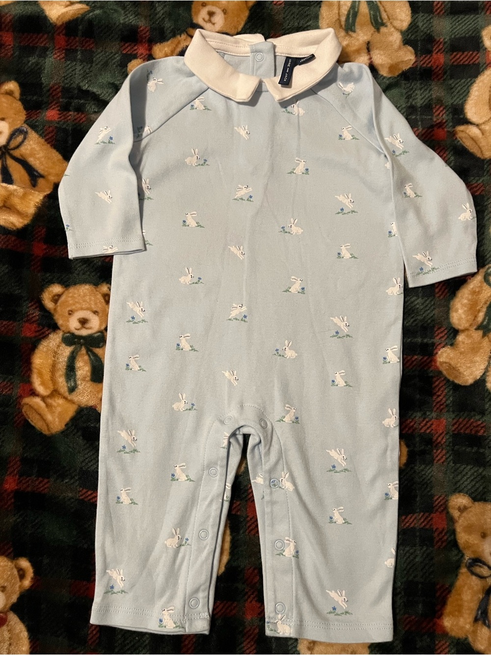 Janie and Jack Pale Blue Peter Pan Collar Bunny Print One-Piece